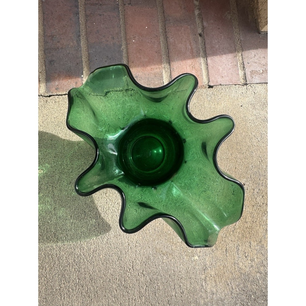 VTG Bischoff Kingstown Blown Glass Fan Vase Ruffled Peacock Green 6" - Picture 3 of 7